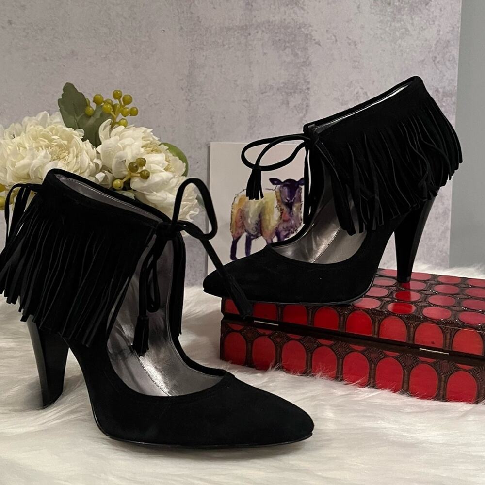 NEW Calvin Klein Suede Leather Fringe Pixy Tassel Tie Heels Black Sz 5.5 NWOT